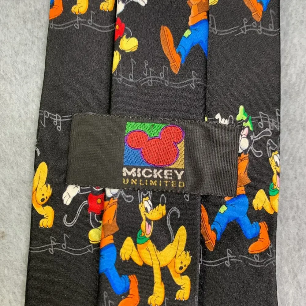 Mickey Mouse Silk Tie Goofy Pluto Black Music Notes Mens